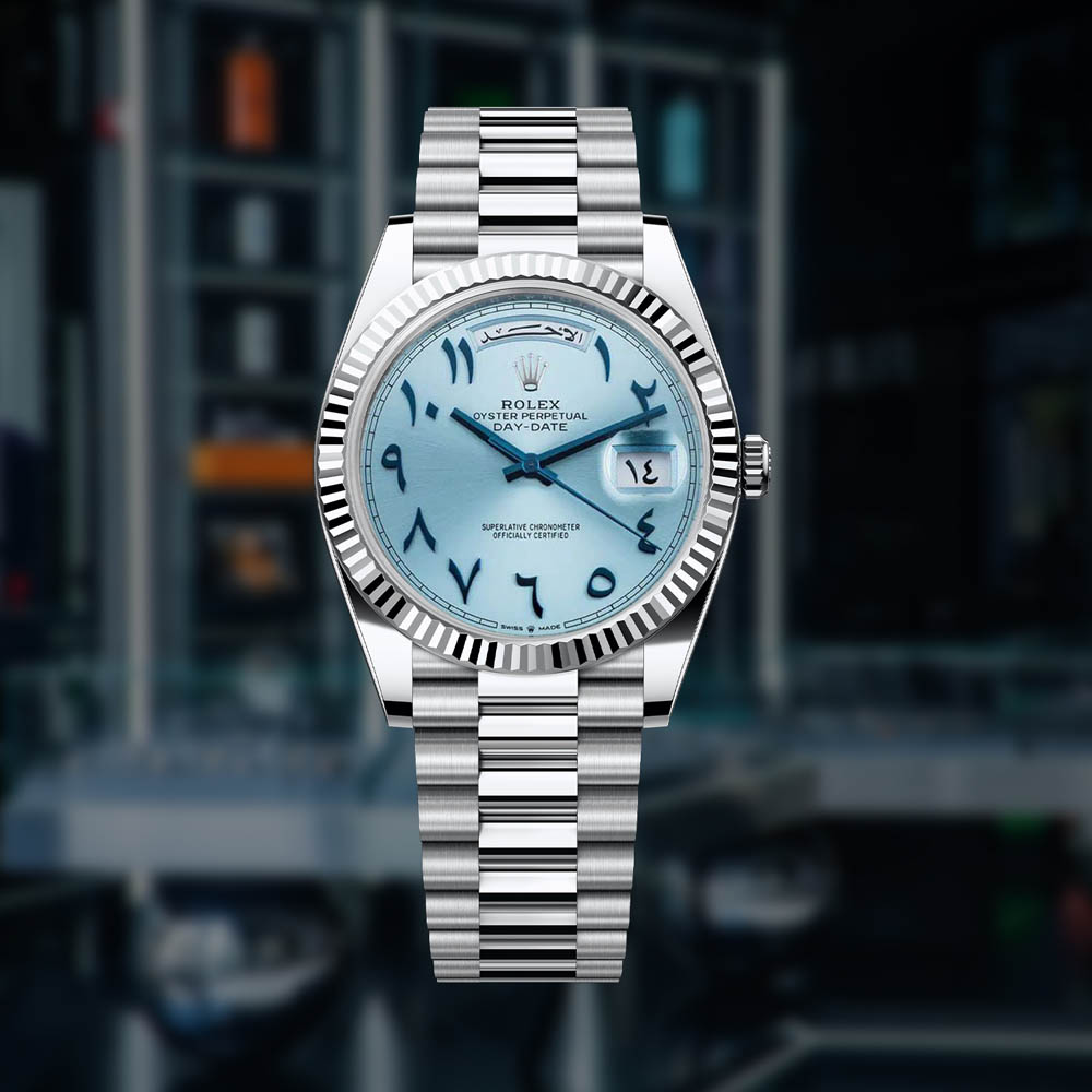 Rolex Day-Date Platinum Fluted Bezel Arabic Dial | The Watch Meister