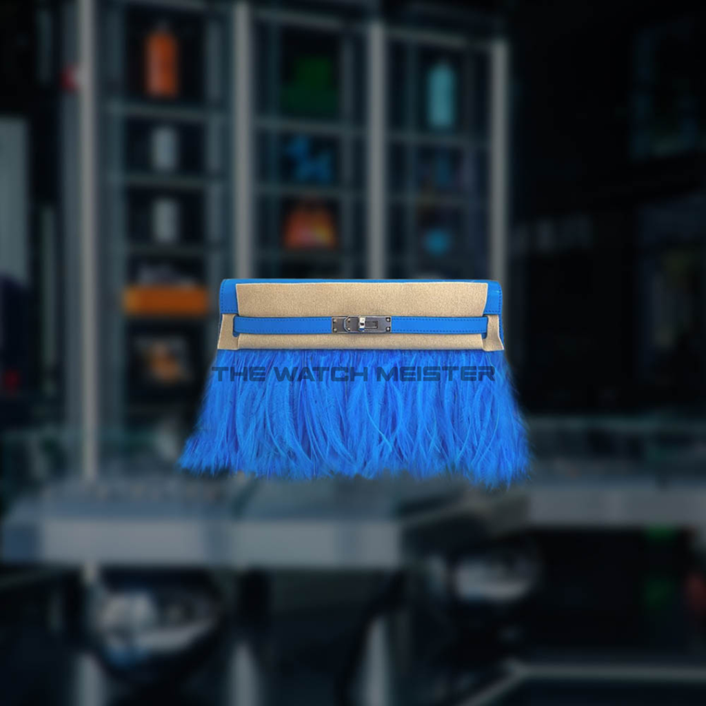 Stylish blue fur clutch bag with a metallic clasp, designed by The Watch Meister, perfect for adding a pop of color to any outfit.